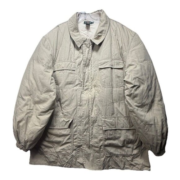 Vtg JCrew Field Jacket Lined Chore Coat Barn Tan Hunting Sz XL 2 in 1 Duck Down
